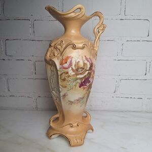 Robert Hanke Porcelain Hand Painted Pitcher Ewer 12” Austria Flowers Gold